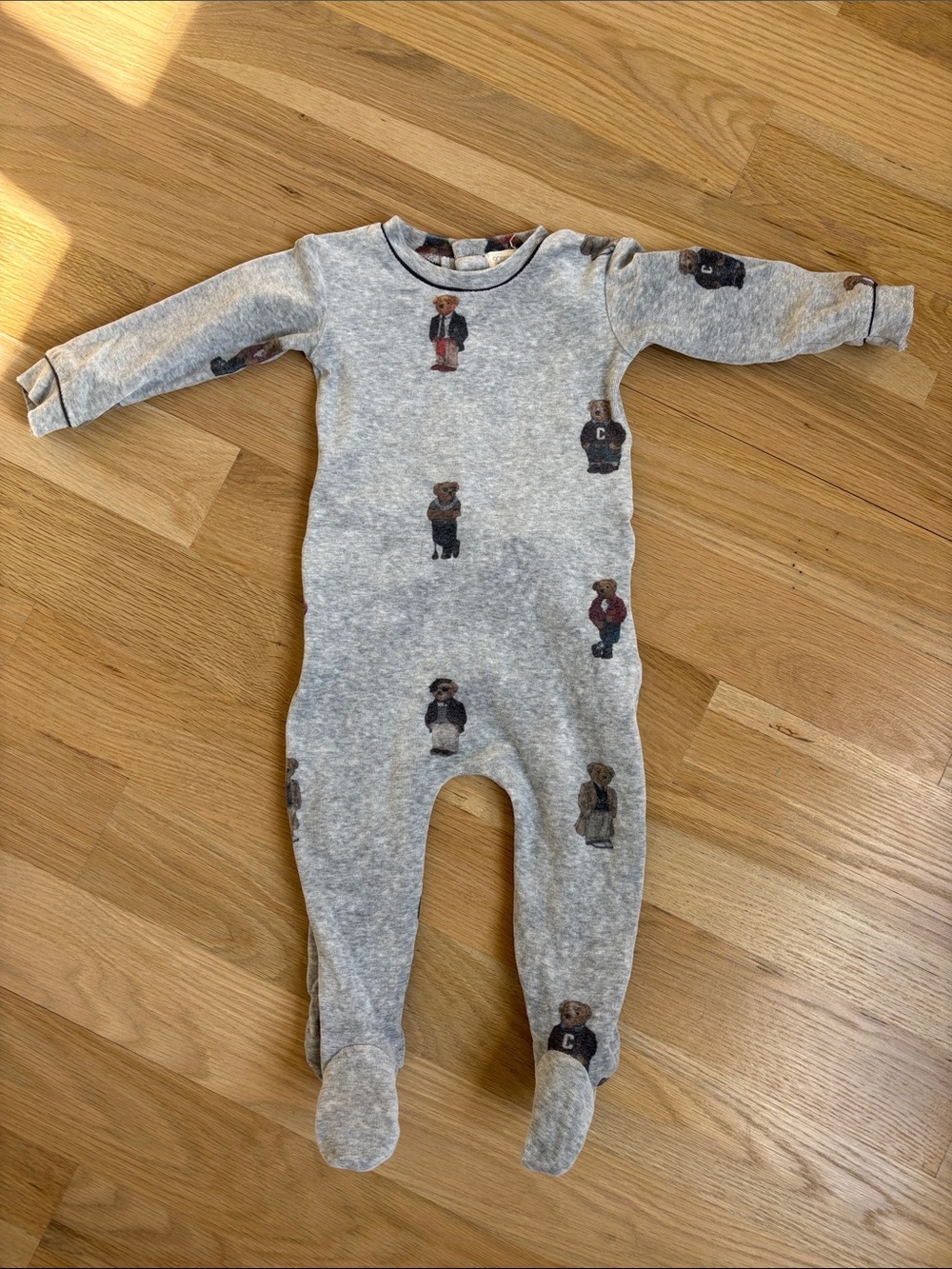 Crew Kids Gray Teddy Bear Print Footed One-Piece for Kids